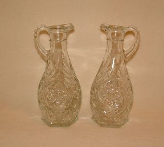 Vintage Pair Matching Cruets Vinegar Oil Decanters Clear Glass Star of 