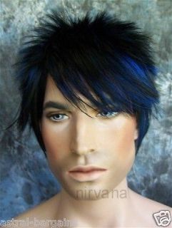 Black with Blue highlights Spikey Layered Adam Lambert Style wig/wigs