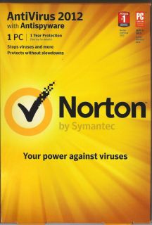 NORTON ANTIVIRUS 2012 WITH ANTISPYWARE   FOR 1 PC FOR ONE YEAR