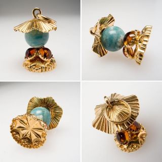   Vintage Citrine & Agate Bracelet Pendant Charm 18K Gold Estate Jewelry
