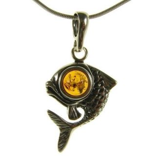 BALTIC AMBER STERLING SILVER 925 FISH ANIMAL PENDANT NECKLACE CHAIN 