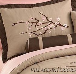   Pink Asian Blossom on Tan Khaki Brown 8PC F Queen Comforter Set