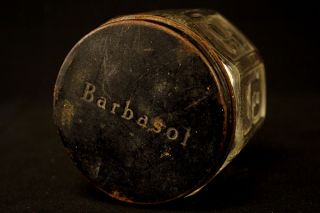   1950s glass Barbasol Shaving cream jar with a black metal lid