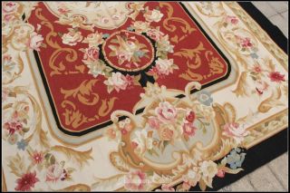 FREE SHIP! 6X9 French Aubusson Area Rug BLACK CREAM RED w Pink Rose 