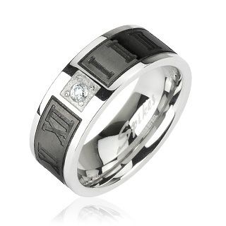 Stainless Steel Mens Black Roman Numeral Stripe CZ Wedding Band Ring 