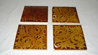 Vintage Beaver Falls Arts and Crafts 4 Piece Brown Floral Ceramic Tile 