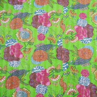 King Size Bedspread Cotton Green Hand Quilted Kantha Floral Quilt 