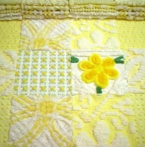 30 Vintage Chenille Bedspread Fabric Quilt Squares 6 Yellows Rosebud 