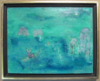 Mid Century Abstract Modernist Oil Painting Bay Port Scene Signed
