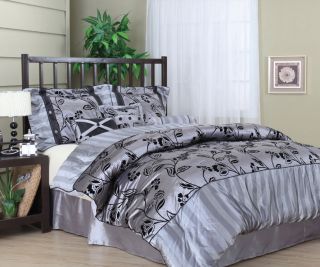 Silver Black Floral Leaf Comforter Bed in Bag Set Queen