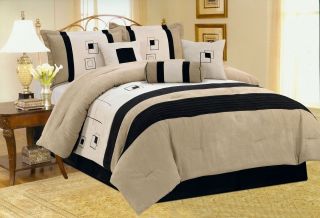 Pcs Comforter Set Beige Black and White Embroidered Micro Suede King 