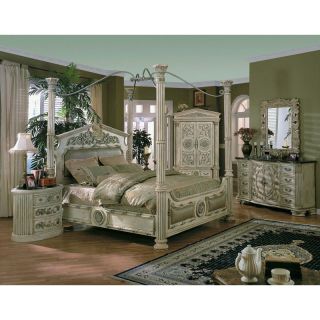   COLUMNED WHITEWASH LEATHER KING 4 POSTER CANOPY BED BEDROOM FURNITURE