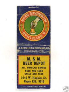 1930s Gettelman Beer Matchcover M M Beer Depot T◘trove