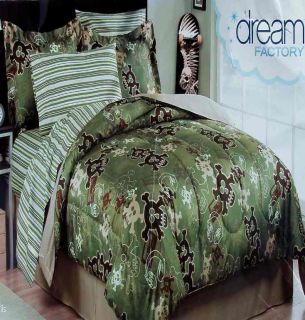 Skulls Camo Green Queen Comforter Sheets Shams Bedskrt 8PC Bedding Set 