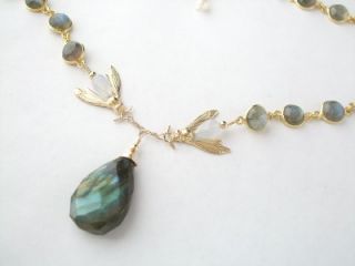 14k Gold Vintage French Bees Fiery Labradorite Pearl Necklace