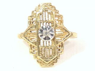 Vintage Cocktail Ring Solitaire Diamond Setting Filgree Design 10K 