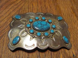 Nickle Silver Turquoise Colored Sets Belt Buckle Signed Bell