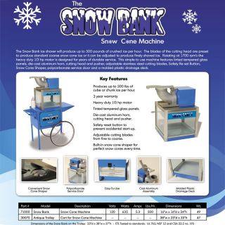 Benchmark Snow Cone Maker Shaved Crushed Ice Machine w/ Trolley Cart 