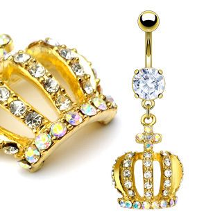 Gold Crown w Gem Belly Navel Ring Body Piercing Jewelry
