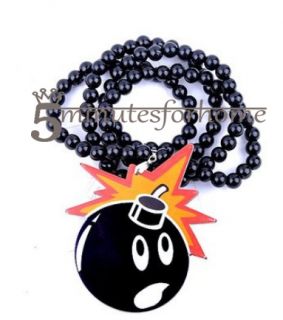 1x Bomb Shape Pendant Beaded Chain Wood Beads Rosary Necklaces