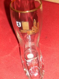 Vintage Berlin Germany beer glass advertising drinking boot gold rim 