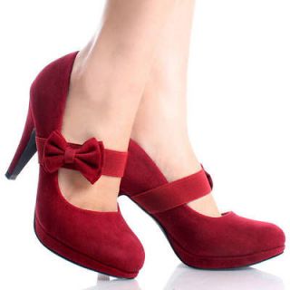 Red Suede Vtg Style Slip On Bow Pumps Womens High Heel Platform Shoes 
