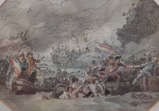   18C Military Watercolor Painting by Benjamin West Battle of La Hogue