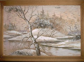 Ukrainian Winter Trees Snow Hill River Birch Bark Art Painting Signed 