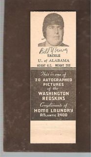 1942 Redskins Matchbook Cover Bill Young Alabama EXMT