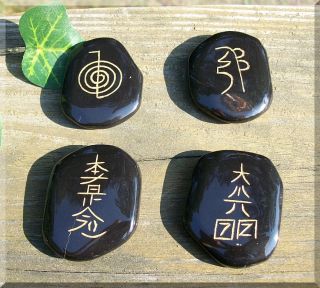 Black Jasper Engraved Flki Symbol Stones Set of 4 with Pouch 