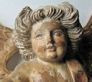 Large Wood Carved Antique Angel Vintage Cherub Spain 19c Old Religious 
