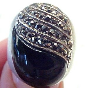Black Onyx with Marcasite Accents ~ Sterling Silver Textured Band 