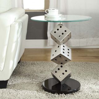   End Table Round Shaped Beveled Tempered Glass Black MDF Wood