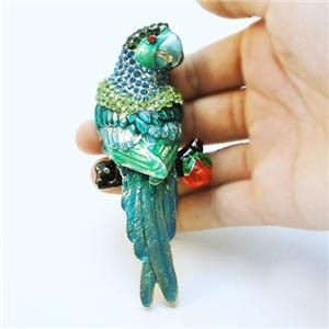 Parrot Bird Brooch Pin Green Swarovski Crystal Enamel