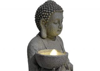 Indoor/outdoor Buddha water fountain. Includes 3 LED accents 