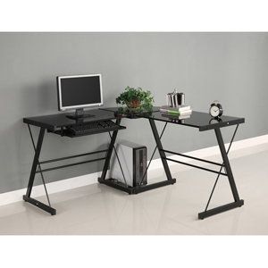   Office Dorm Three 3 Piece L Shaped Corner Desk with Black Glass
