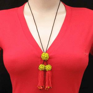 Red Yellow Black Seed Beads Ball Beaded Lariat Necklace N31 1