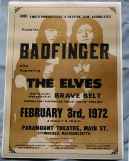 Badfinger Concert Poster Springfield MA 1972 Straight Up Tour