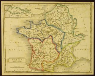 1821 Sydney Hall Antique Map of Ancient Gallia France