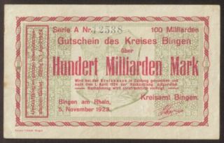 GERMANY 100 MILLIARDEN mark BINGEN / Hessen 1923 Kreisamt NOTGELD (228 