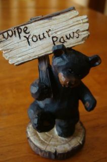 BLACK BEAR WIPE YOUR PAWS SIGN Figurine Rustic Log Cabin Lodge Home 