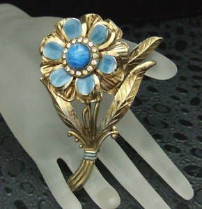 Vintage Large Blue Glass Enamel Rhinestone Flower Brooch