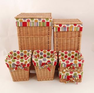 Rustic Wicker Lined Spotty Laundry Basket Small New