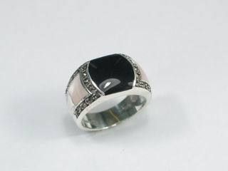 Black Onyx Mother of Pearl Marcasite Ring Size 8