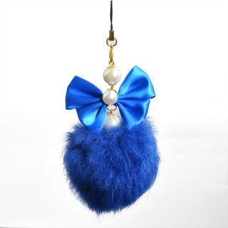 Blue Bowknot Pearl Real Rabbit Fur Ball Strap Cell Phone Charm Free 