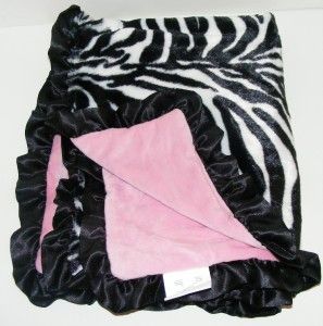 Minky Zebra Baby Blanket Black White Pink Reversible Faux Fur Satin 