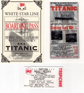 TITANIC Exhibit Tropicana Ticket Boarding Pass Postcard Menus