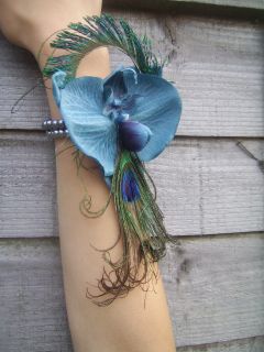 Teal Orchid Peacock Feather Prom Wedding Wrist Corsage