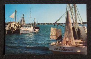 1970s Shrimp Boats at Anchor Ocracoke Island NC Hyde Co Postcard North 
