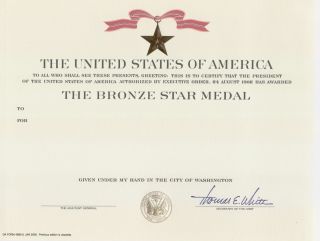 Bronze Star Medal and Original Blank Embossed Certificate